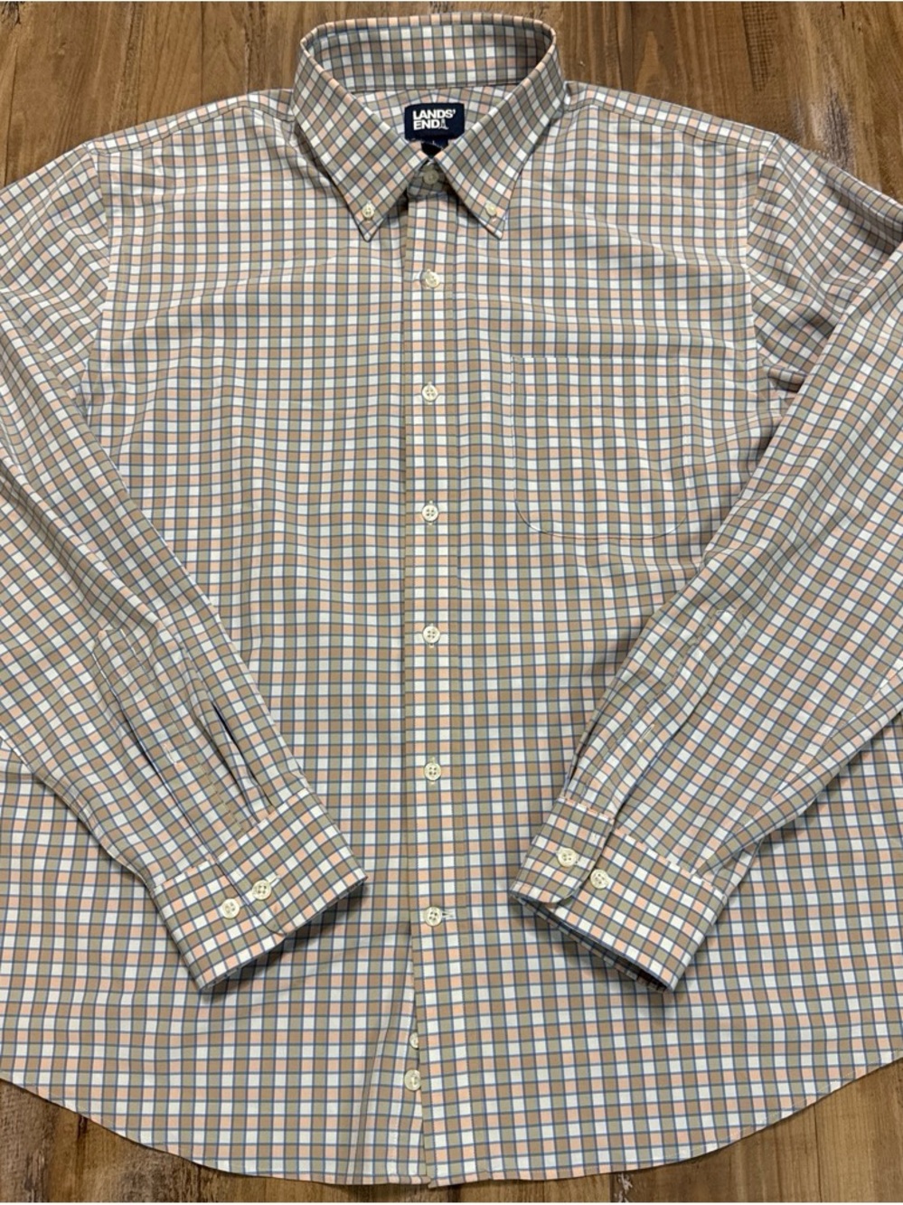 Lands' End Men’s Beige & Peach Plaid Button-Down Shirt